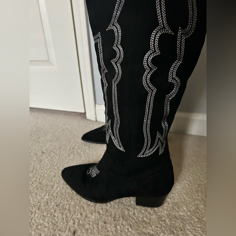 Black Embroidered over the knee Women's Boots